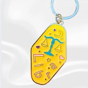 Libra Zodiac Keychain | Yellow Enamel Astrology Key Ring with Scales & Hearts